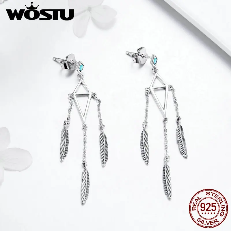Женские длинные висячие серьги WOSTU серебряные в виде колокольчиков и перьев 925