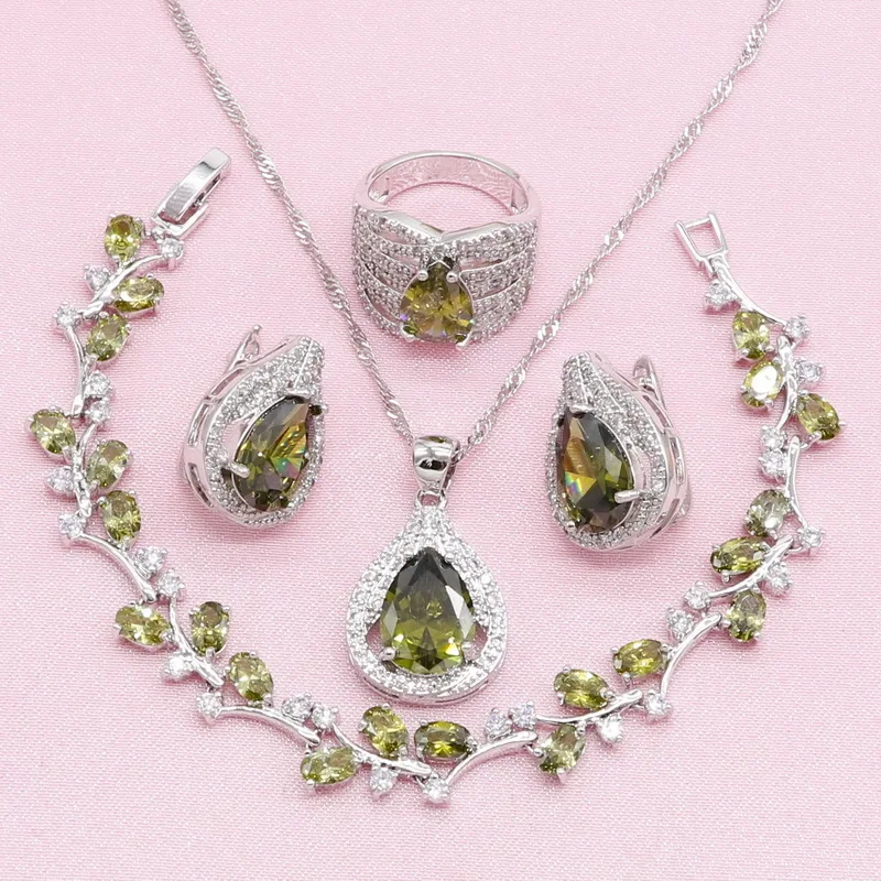 Оливковый зеленый Цирконий 925 серебряные ювелирные наборы для женщин Свадебные серьги-кольца браслет кулон ожерелье кольцо