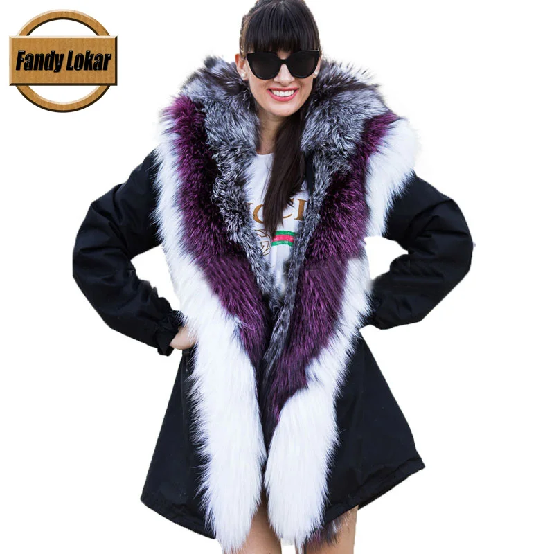 

Fandy Lokar Real Silve Fox Fur Parka Women Winter Waterproof Jacket Fox Fur Hooded Real Rabbit Fur Lining Jacket Female Fur Coat