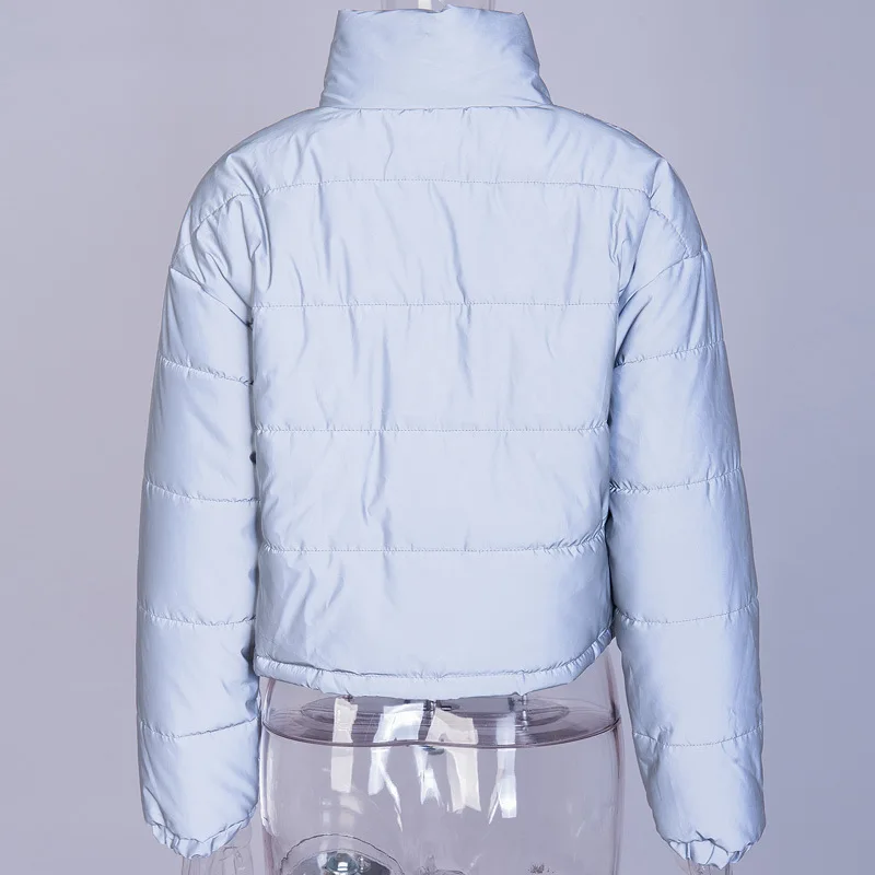 Fashion Winter Reflective Down Jackets Women Sliver Short Coat Female Turtleneck Padded Jacket Night Shiny Puffer Jacket