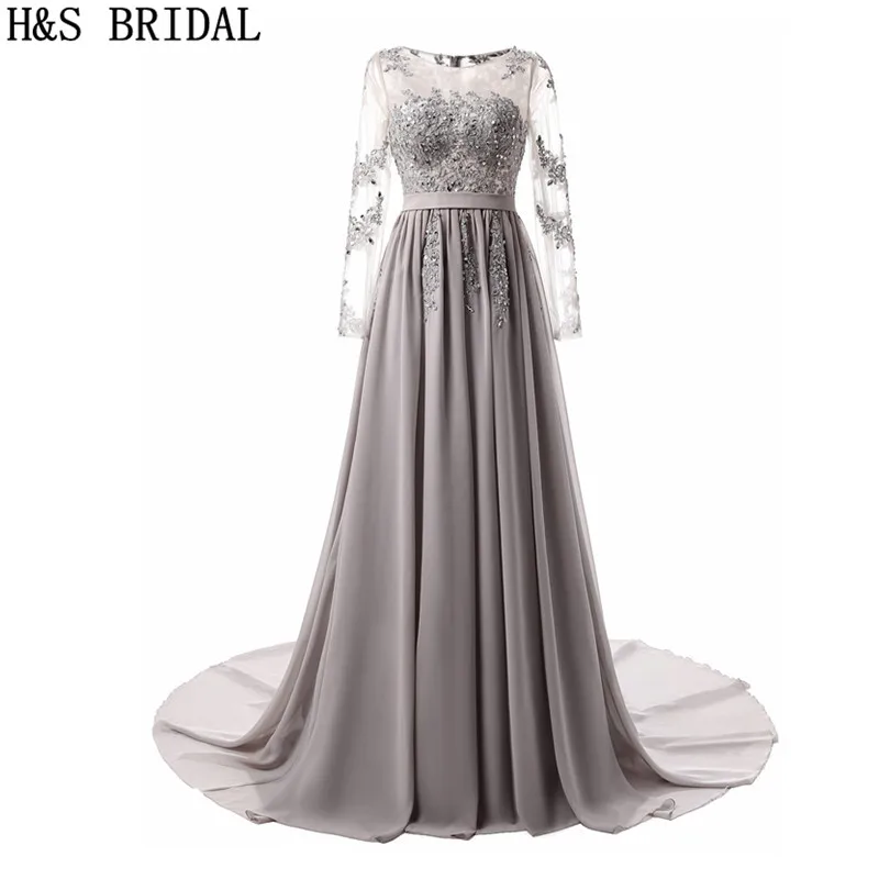 H&S BRIDAL Long Sleeve Evening Dress Gray Lace Applique evening dresses long Beading Gowns Chiffon Prom Dresses robe de soiree H&S BRIDAL Long Sleeve Evening Dress Gray Lace Applique evening dresses long Beading Gowns Chiffon Prom Dresses robe de soiree