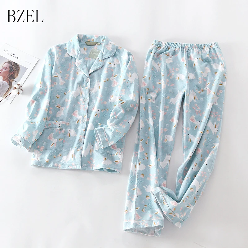 

BZEL Women Pajamas Set Autumn New Cotton Cartoon Long Sleeve Cute Sleepwear Suit Turn-down Collar Casual Homewear Female Pyjamas