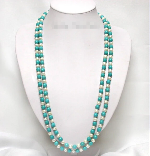 

FREE shipping>>>>Wonderful 60" white pearls nature turquoise necklace 6.07
