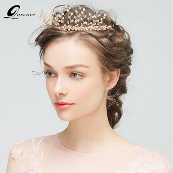 

Pink Freshwater Pearls Golden color Floral Hair Tiara Wedding Hair Accessories Gift for Brides Handmade Crystal Crown Headbands