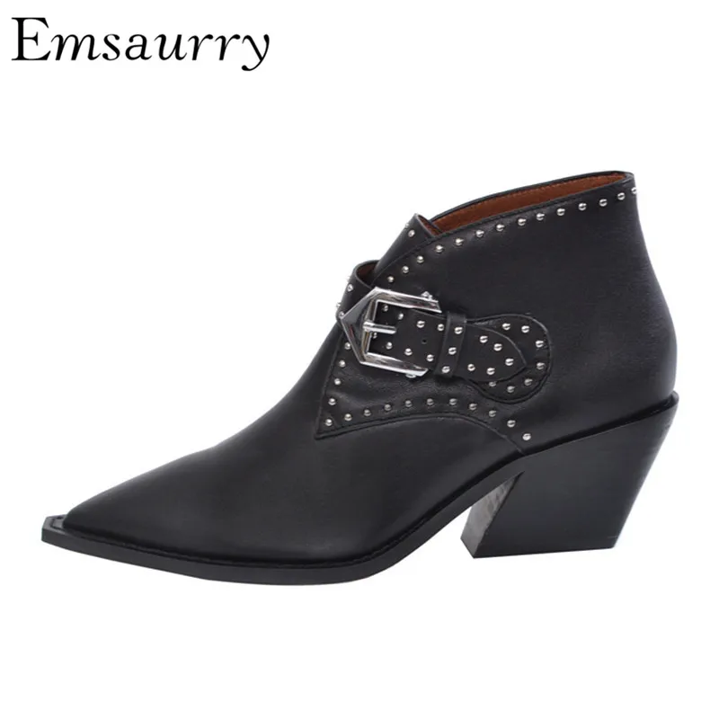 

Autumn 2019 Studded Buckle Cowboy Ankle Boots Slanted Block Heel Pointed Toe Black Real Leather Rivet Short Booties Women