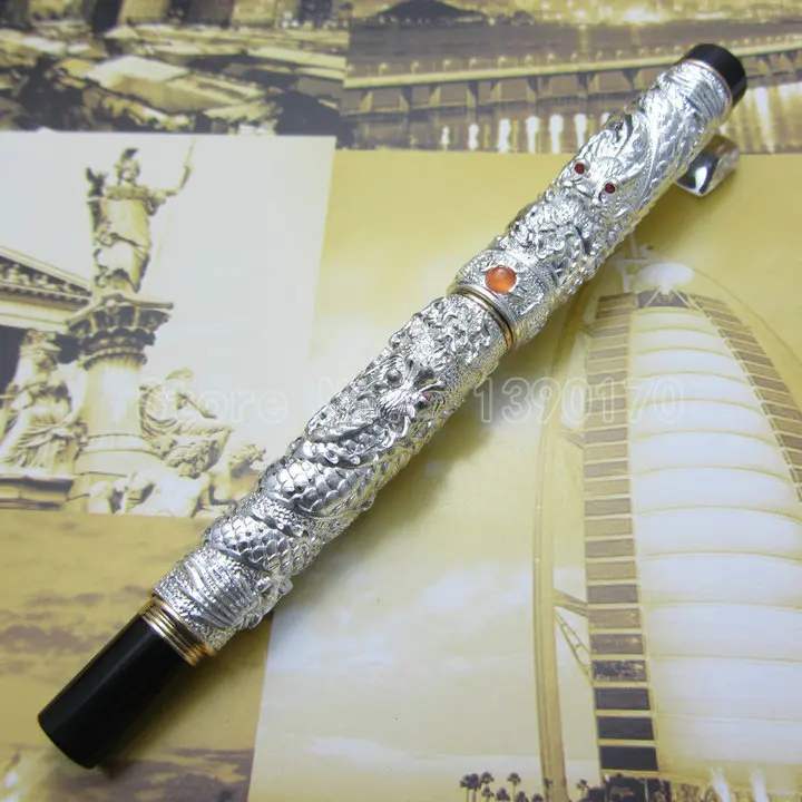 Silver Jinhao A900 китайский "двойные драконы играют с жемчужиной" красивые Расширенный перьевая ручка металл подарок чернилами - Цвет: Silver