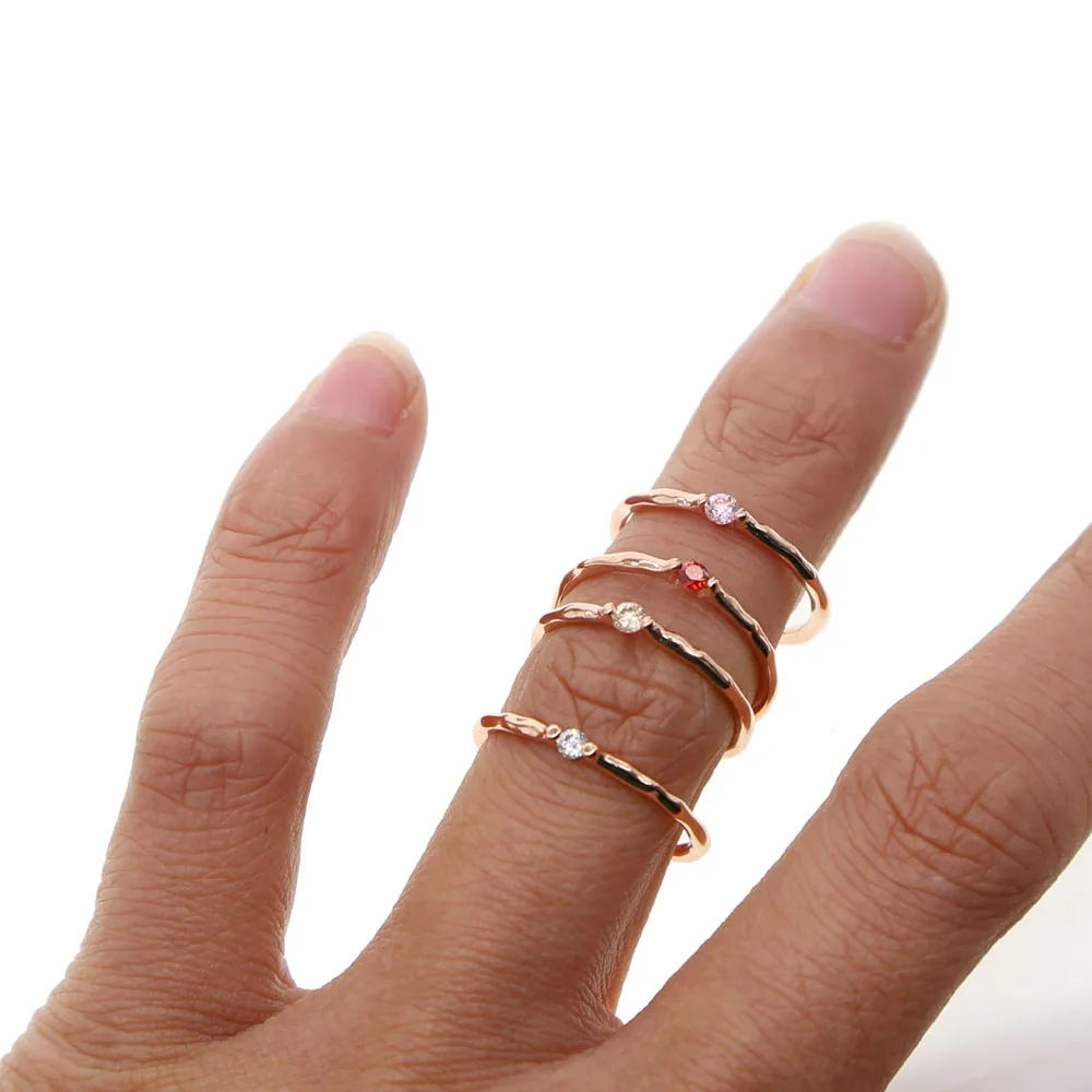 

rose gold color simple single stone ring red pink white cz Hammered band minimal delicate women girl cute lovely ring