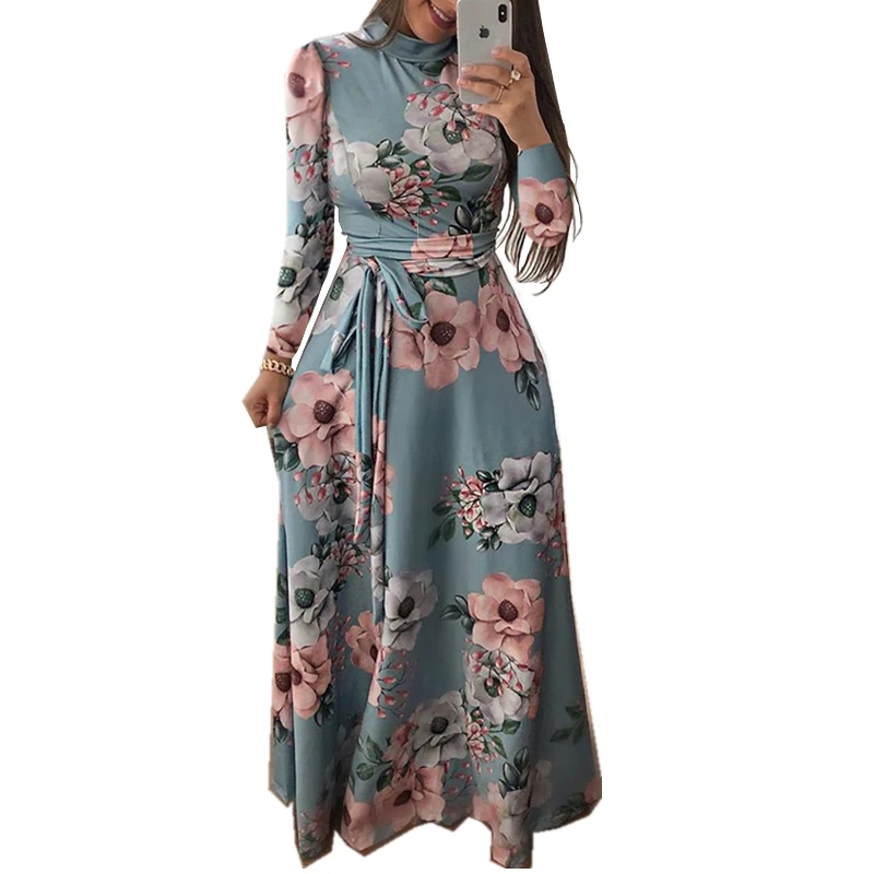 

Autumn Women Elegant Long Dress Floral Print Long Sleeve Sashes Tunic Female Casual Vestidos Maxi Boho Vintage Dress Femme Robe