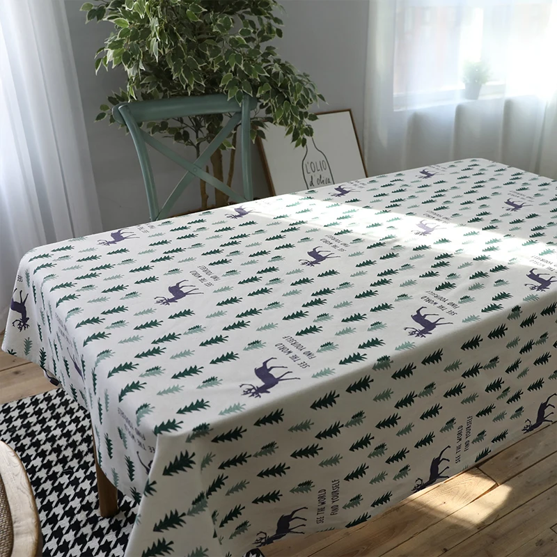 Simple Linen Cotton Rectangular Tablecloth Green Pine Trees Animal