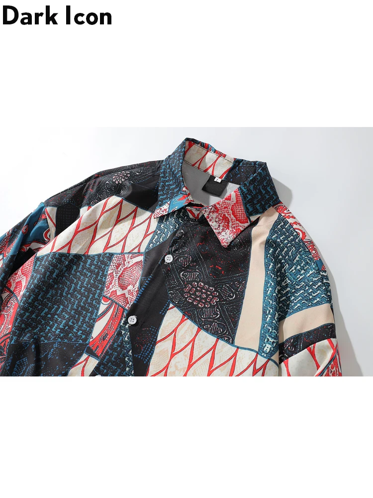 Dark Icon Ukiyo Egeometry Patchwork Long Sleeved Shirts Men Hip Hop Shirts Streetwear Shirts Men's Top