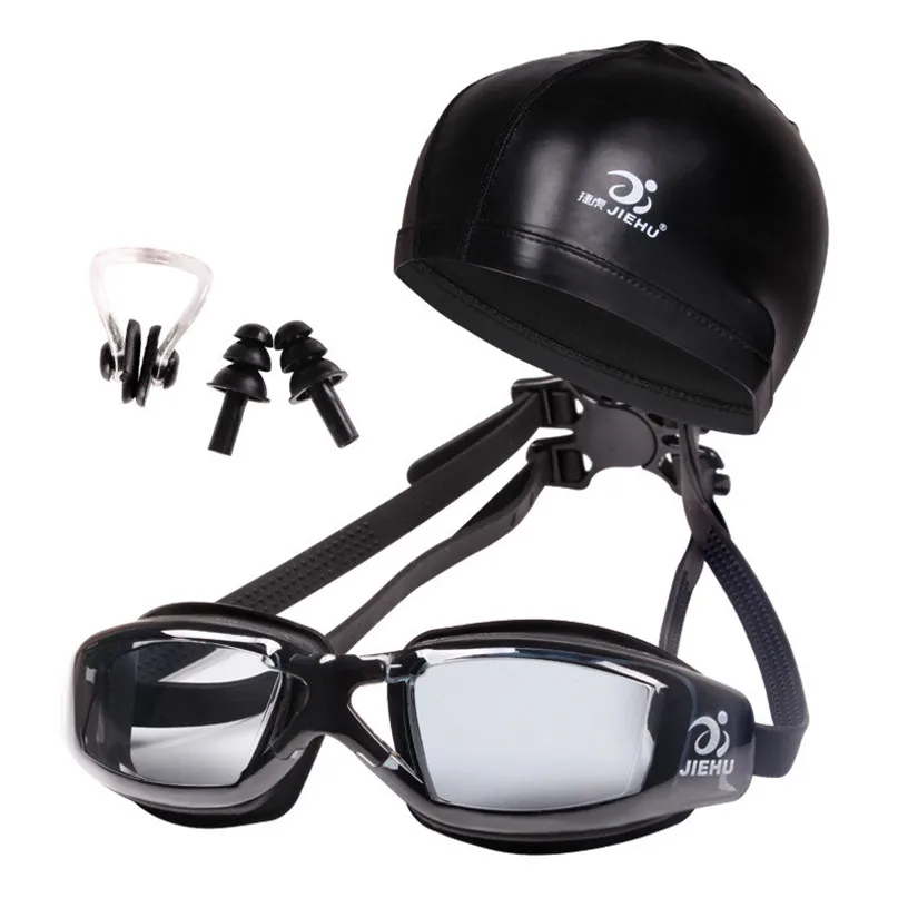 New Professional Swimming Goggles Anti-Fog UV Adjustable Plating Men Women Waterproof Silicone glasses with Swimming cap #3J10#F (11)