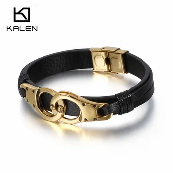 

KALEN 21.5cm Punk Stainless Steel Gold Handcuff Charm Bracelets For Men Retro Leather Wrap Wristband Jewelry Accessories