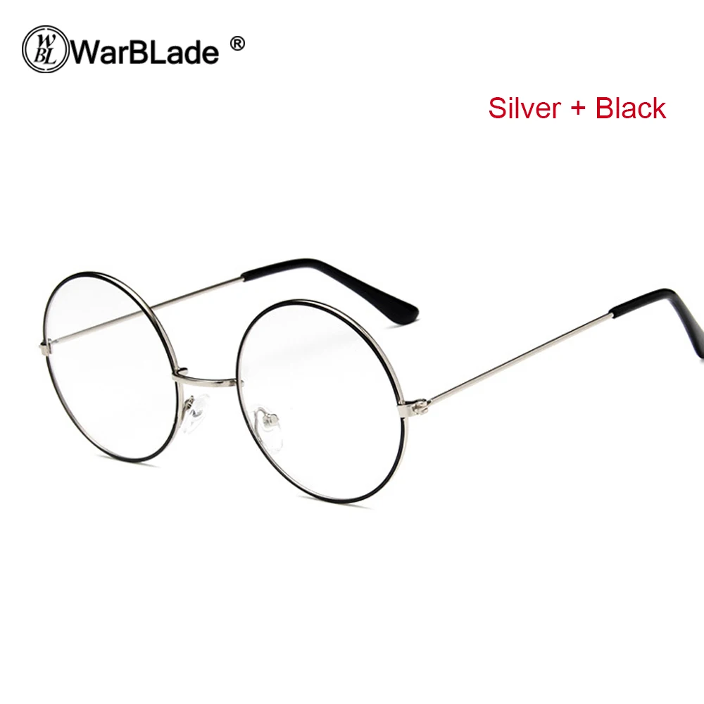 WarBLade дешевые, большие, круглые очки для умников, прозрачные линзы, унисекс, Золотая круглая металлическая оправа, очки, оправа, оптическая, для мужчин, женщин, черная, УФ - Цвет оправы: silver black