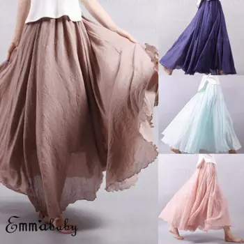 

2018 New Fashion Hot Sexy Charming Women Holiday Ethnic Linen Layer Long Loose Party Evening Beach Skirt