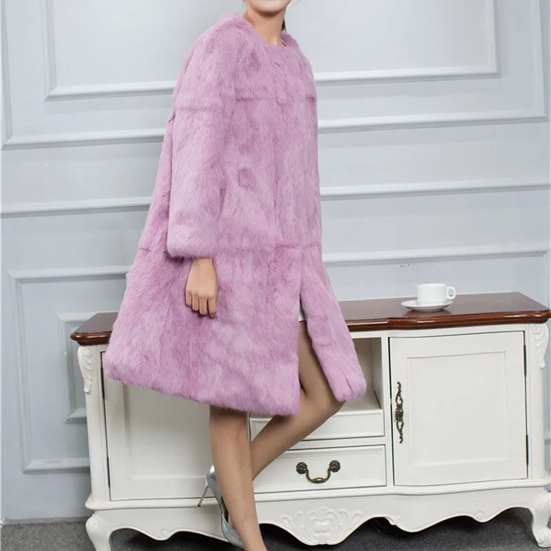 

Loose fit wide bottom swing plus size natural rabbit fur coats outerwear women 90 cm long real fur jackets 2018 autumn winter