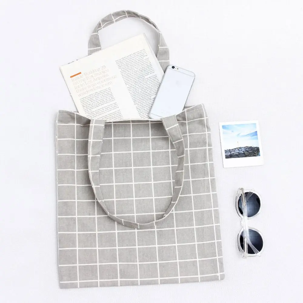 

Women Linen Eco Reusable Shopping Tote Handbag Fashion Plaid Shoulder Bag 1 pc