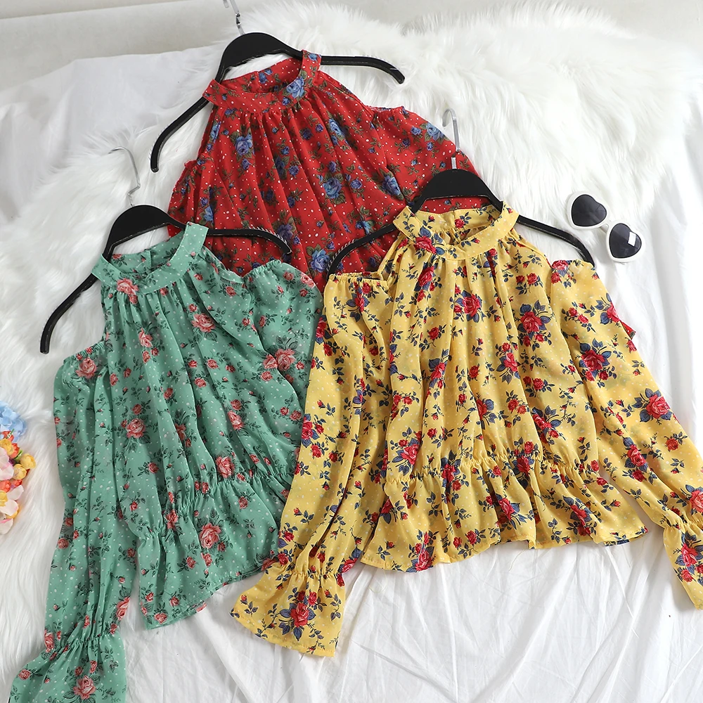 

MUMUZI Chiffon shirt female spring and summer new Korean halter neck off shoulder sweet floral shirts women slim waist tops