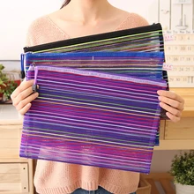 Нейлоновый цветной Радужный полосатый бумажный файловый пакет портативный сетчатый на молнии офисный школьный А4 Папка для бумаг