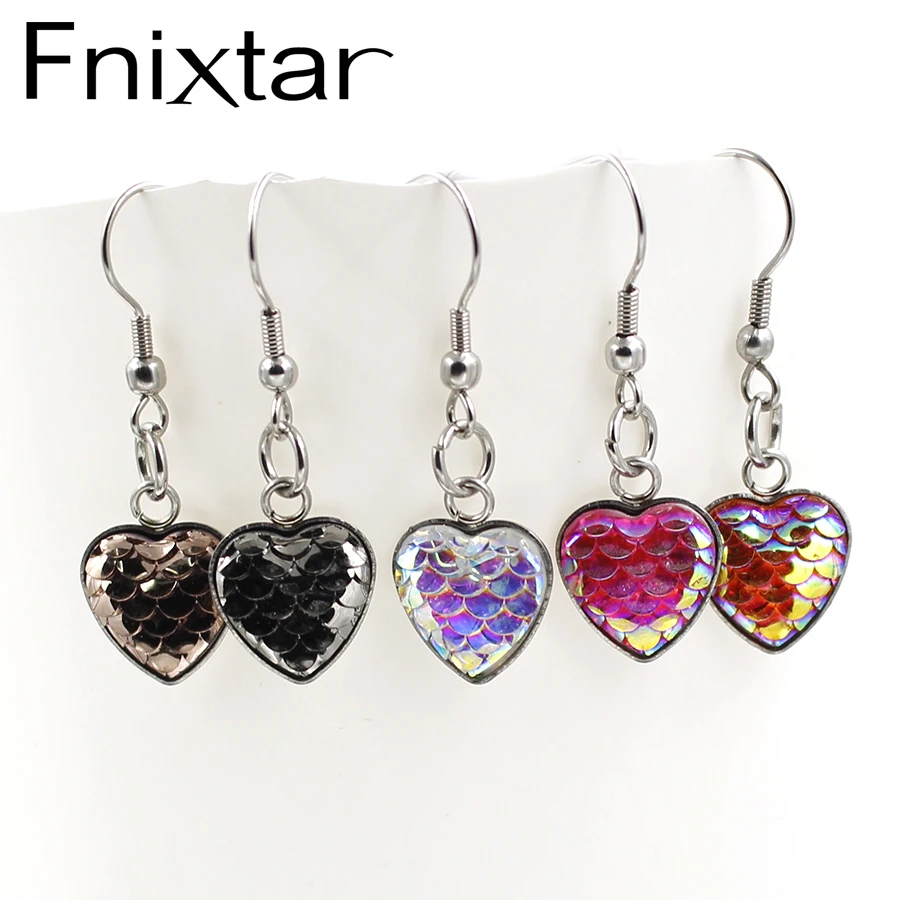 

Fnixtar Resin Mermaid Fish Scale Drop Earrings Stainless Steel Love Heart Dangle Earrings For Women Gift 10Pairs /lot
