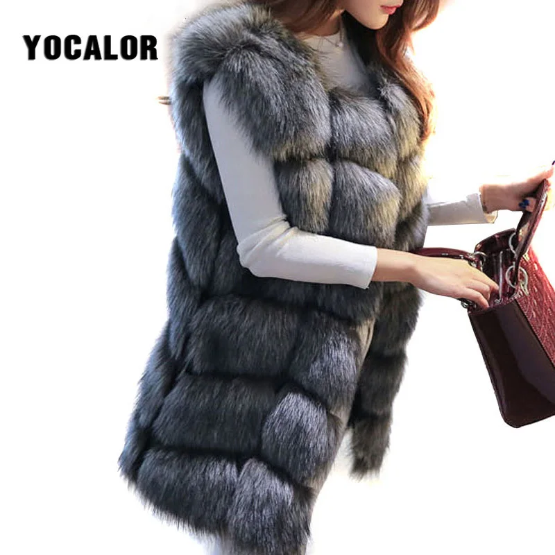 Пальто из искусственного меха женская меховая жилетка Роскошная Серебряная лисица Высококачественная теплая зимняя женская куртка жилет 4XL Верхняя одежда Пальто