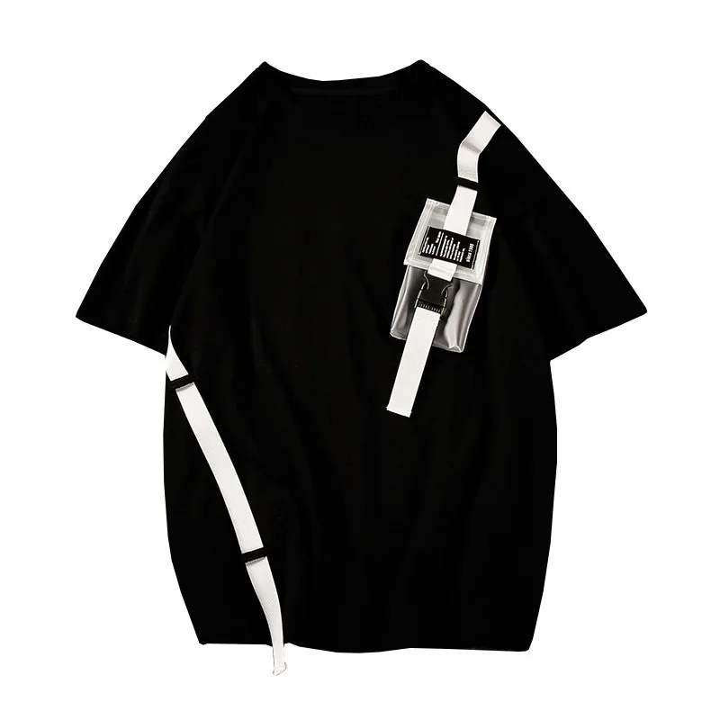 Мужская летняя футболка Harajuku с карманами на молнии, фестончатая лента в стиле хип-хоп, уличная футболка, летняя хлопковая футболка с