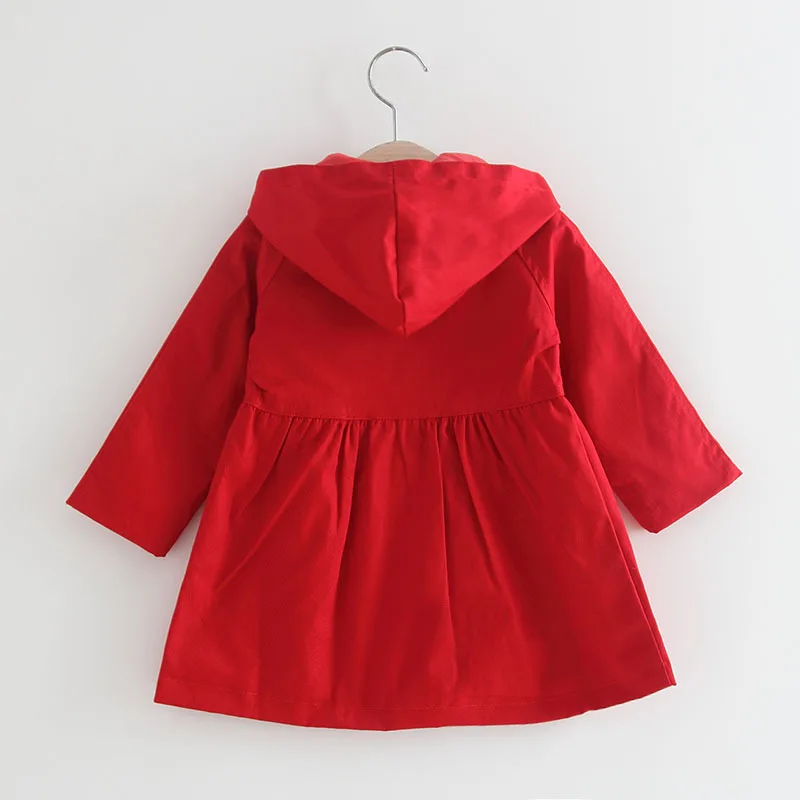 Новая ветровка в британском стиле для девочек 5-16 лет, однобортная Детская куртка, длинное хлопковое пальто с капюшоном для девочек, детская куртка и пальто - Цвет: Красный