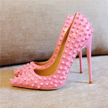 Sexy Rivets Pointed Toe High Heel Pumps Pink Red Patent Leather Party Shoes Fashion Thin Heels Shallow Women Shoes Wedding Shoe sexy high heel shoes gladiator women platform pumps pointed toe heels wedding shoes stiletto19cm leather women party shoes 44 47