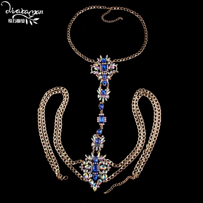 Бренд Dvacaman,, сексуальные украшения для тела с кристаллами, женское свадебное массивное ожерелье, бохо стиль, бикини, бар, цепь для тела, аксессуары X36 - Окраска металла: Blue