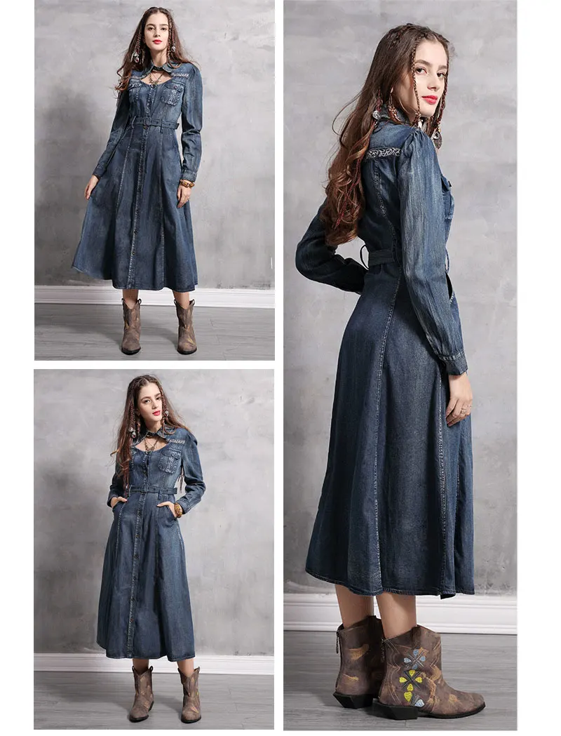 Женское платье Yuzi. may Boho, новые джинсовые женские платья с отложным воротником, винтажная вышивка, пояс с высокой талией, Vestidos A82123