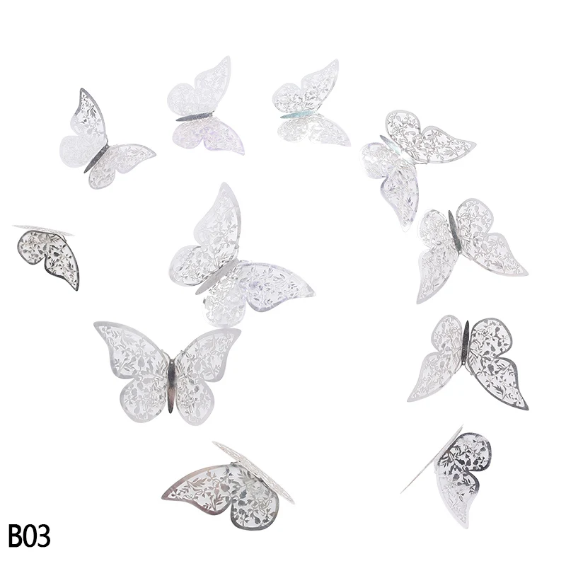 B03 silver 12 шт./компл. 4,5-12 см цвета: золотистый, серебристый реалистичный стены Стикеры с бабочками Женская Детская комната Стикеры Свадебная вечеринка украшения дома поставки - Цвет: B03 silver