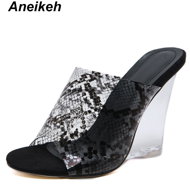 Aneikeh Summer Women's Sexy Slippers Transparent Snake Wedge Slippers Toe Super High Trapezoidal High Heel Shoes Size 35-40