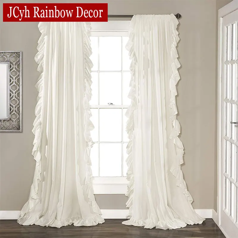 Us 34 59 50 Off Korean Style Ruffles Lotus Leaf Solid Color Curtain For Living Room Window Rod Pocket Princess Girl White Curtain Bedroom In