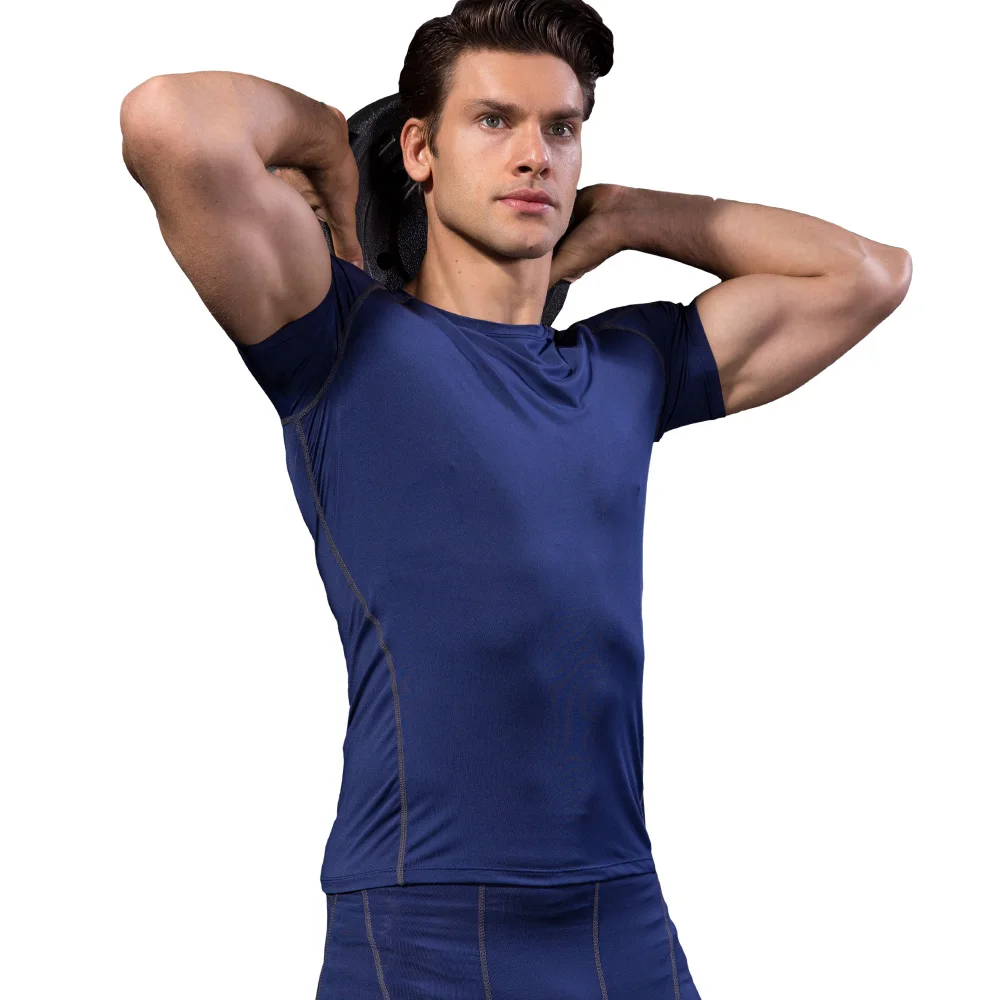 Мужская спортивная одежда, быстросохнущая, для фитнеса, облегающая, компрессионная, футболки для бега, мужские, одноцветные, короткий рукав, для спортзала, спортивный топ, футболка, Спортивная рубашка