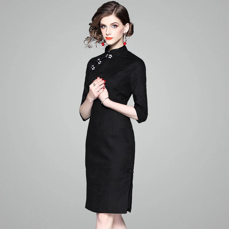 2019 Весна Последние Дизайн Qipao черный китайское платье для женщин Cheongsam тонкий повседневное платья для одежда высшего каче