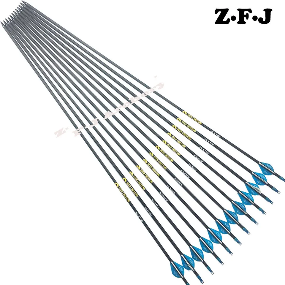 

12Pcs DEER CROSSING Pure Carbon Arrows Spine 340 30" Ring Nock Target Point 100 grain ID 6.2mm Compound Bow Crossbow Hunting