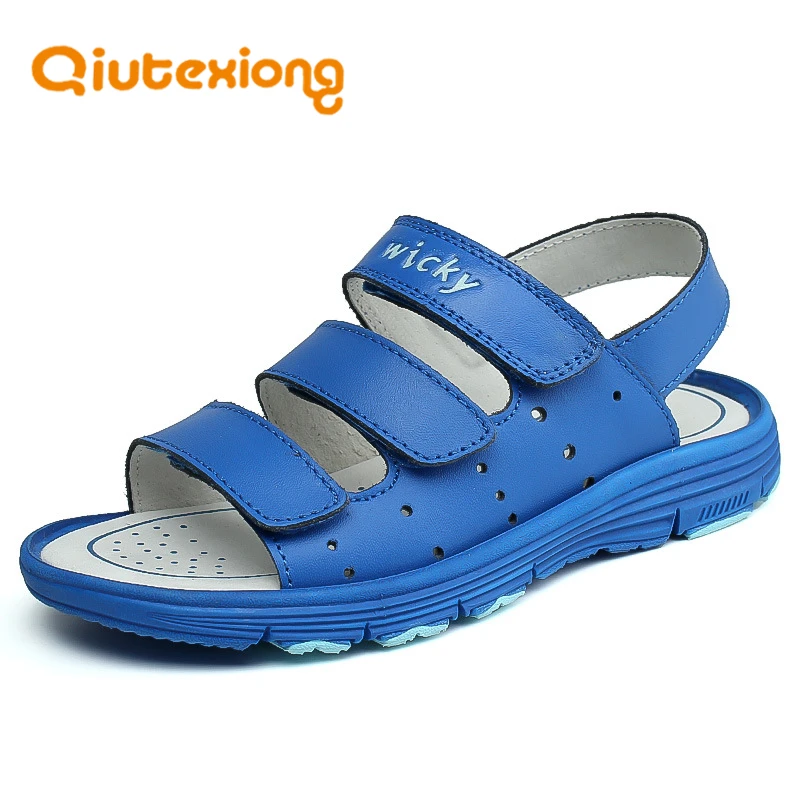 

QIUTEXIONG Summer Kids Sandals Genuine Leather Boys Beach Shoes Children Sandals Cow Split Sport Casual Sandal For Boy sandalias