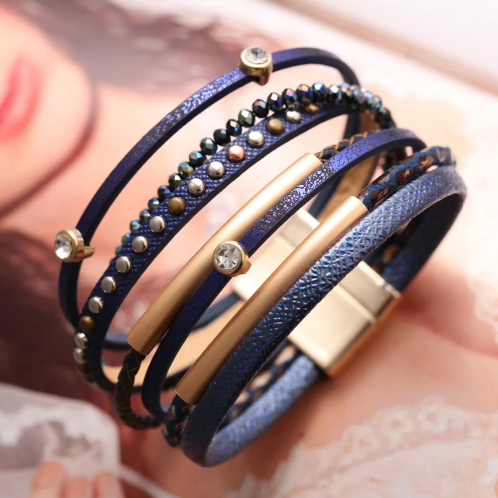 

Muilty Layers Simple Bracelet New Fashionable Metal leather Bead Adjustable Bracelet Vintage Beaded Bohemia Bracelets for women