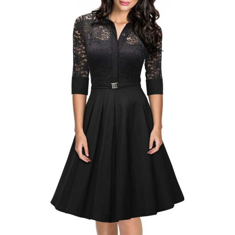 

Women Lace Rockabilly Dress Vintage Evening Party Sexy Autumn Party Dress 1950s Turn Down Collar Elegant Black Dresses