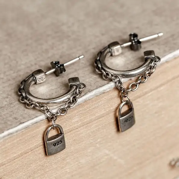 

High Quality Creative 100% 925 Sterling Silver Lock Charms Hook Earrings Antique Hiphop Rock Jewelry Allergy Free