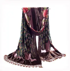 Коричневый национальный тренд ручной работы бисером вышивка шарф бархат шелковые шали шарфы для женщин Цветочный павлин Echarpes ленточки