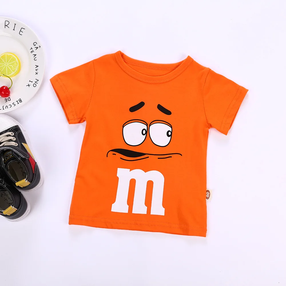 Детская летняя рубашка футболка с короткими рукавами Топы для мальчиков и девочек с героями мультфильма M& M, модная детская футболка для 9 months to 3 years Old - Цвет: Оранжевый