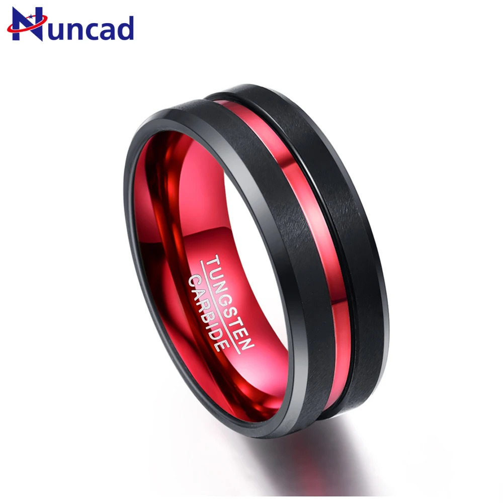 Comprar Nuncad 8MM de ancho nunca se desvanecen los anillos de acero de tungsteno con una sola ranura rojo anillo de compromiso para hombre