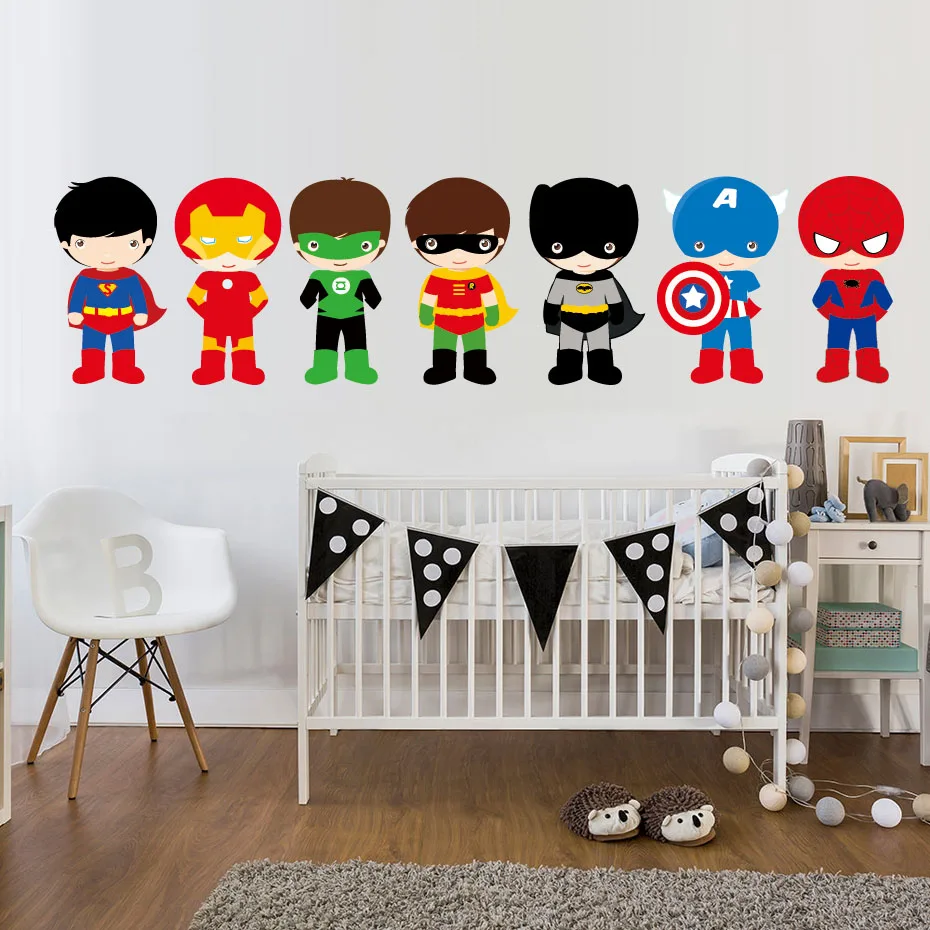 7 шт. цветные наклейки на стену с супергероями для детской комнаты, съемные клеящиеся обои для спальни с супергероями, Бэтменом, домашний декор