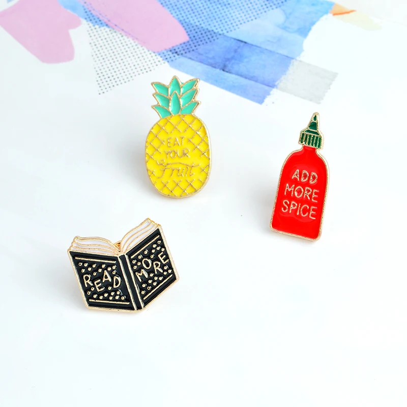 

Pineapple Spice Book Cartoon Brooch Cruet Add More Spices View More Fun Enamel Badge Pins Fashion Jewelry Gifts for Friends