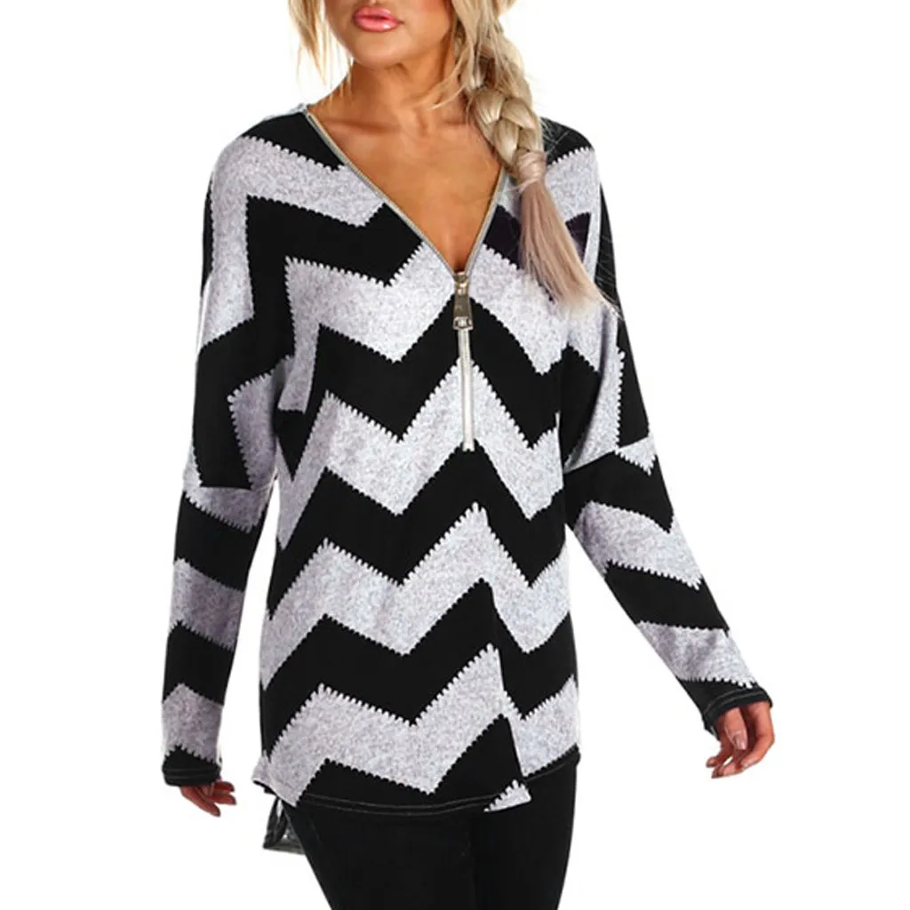 Feitong Zipper Blouse Women Ladies Casual Long Sleeve Geometric Print V