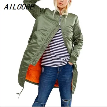 

AILOOGE Winter Long Jackets And Coats Spring Female Coat Casual Military Olive Green Bomber Jacket Women Basic Jackets Plus Size