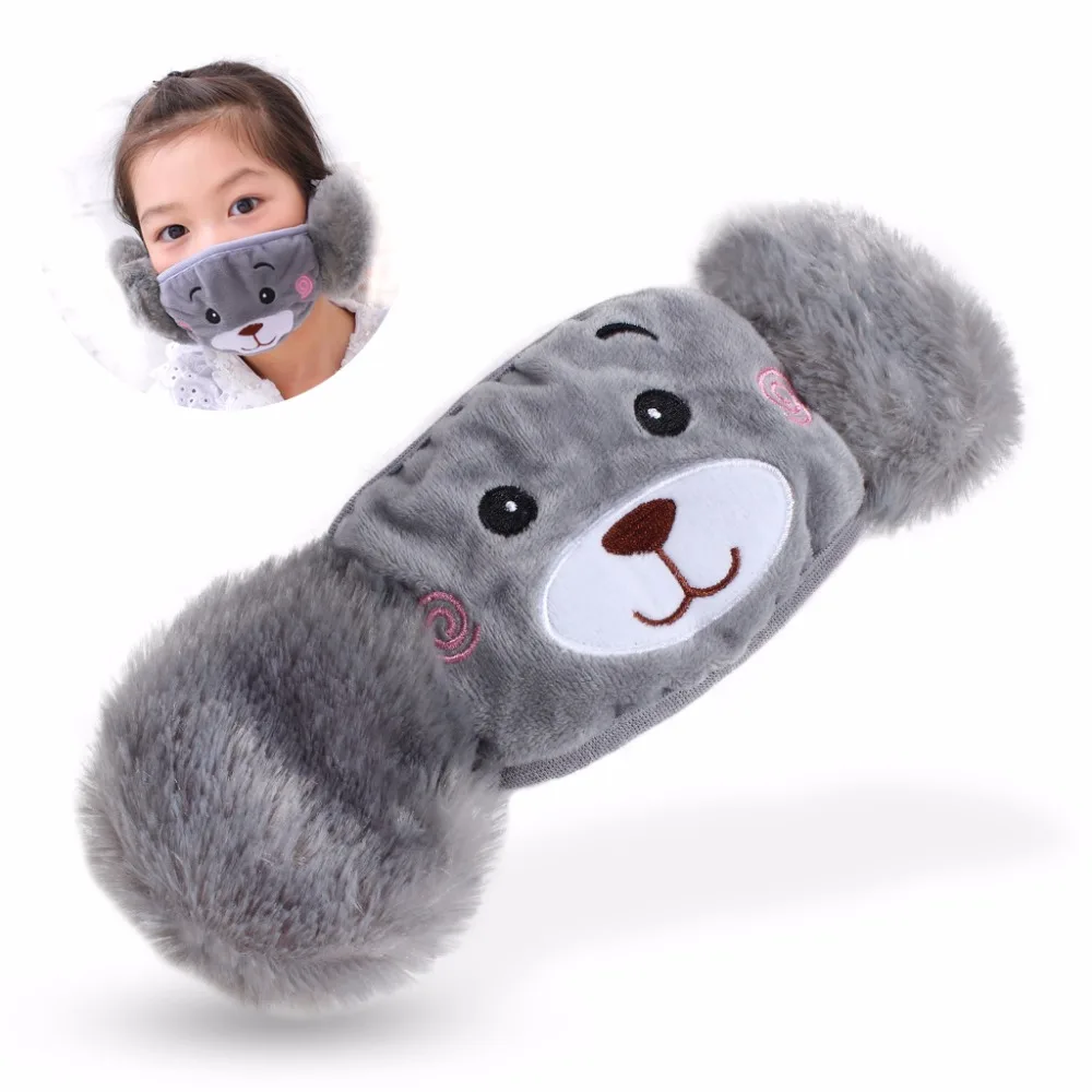 Winter Plush Mouth-Masks For Children Earloop Face-Mouth Mask Warm And Dustproof Gray Cartoon Bear Pattern (1)