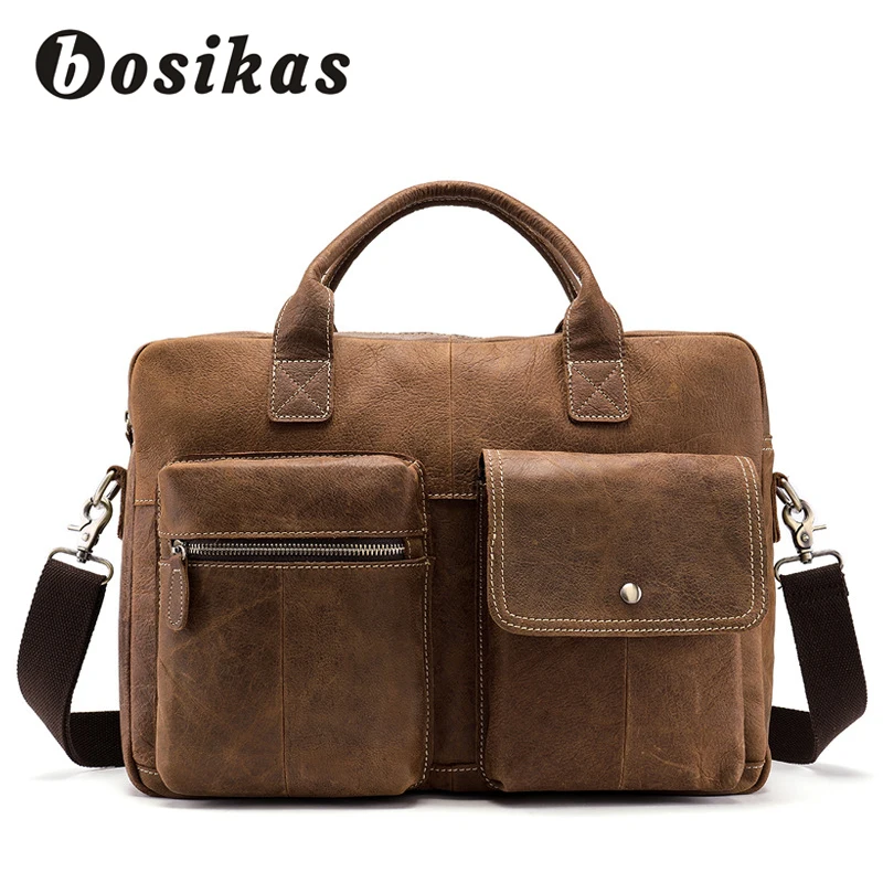 

BOSIKAS Men Briefcase Fashion Briefcases Handbag Men's Bag for Document Leather Zipper Shoulder Genuine Leather Laptop Bag