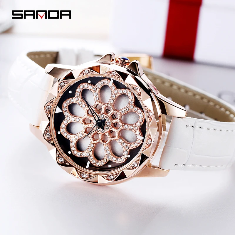 

Sanda NEW Women's Watches Fashion Genuine Leather Strap Simple and stylish Clock Starry montre femme Rotating rhinestone dial