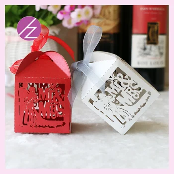 

Hot Selling customed Mr &Ms bridge and groom Laser Cut Candy Box With Ribbon Wedding souvenirs cake candy boxes with low price